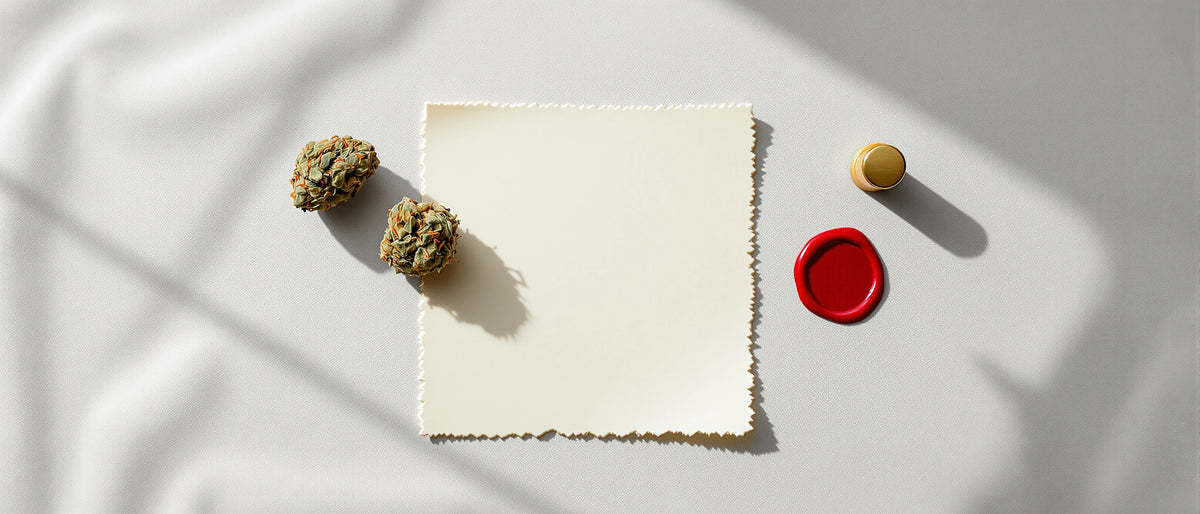 Zwei Hanfblüten neben blankem Büttenpapier, rotem Siegel und Petschaft auf grauem Leinen, Symbolbild 10-OH-HHCP Legalität