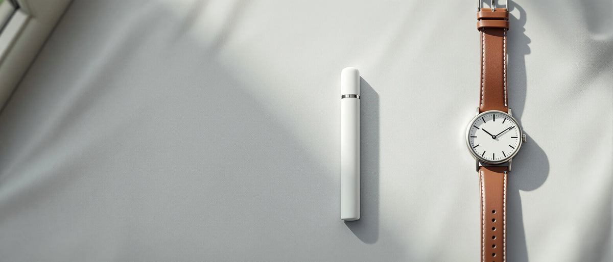 Weißer Einweg-Vape neben Armbanduhr mit Lederband auf hellem Leinen, Symbolbild 10HC Wirkung