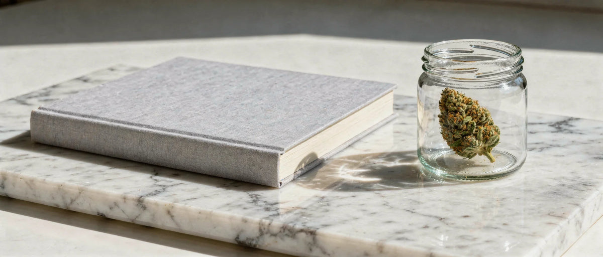Geschlossenes Buch und Glas mit Hanfblüte auf weißem Marmor, Symbolbild zur CBG Legalität