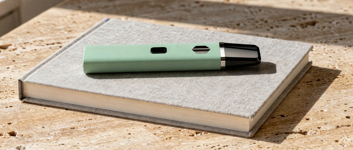 Einweg-Vape auf geschlossenem Buch im Tageslicht, Symbolbild zur DNT-9 Legalität