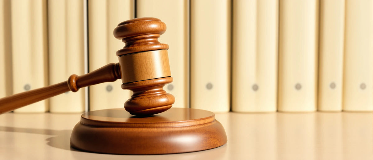 Richterhammer auf Holzblock vor Büchern auf hellem Schreibtisch – T8HC Legalität
