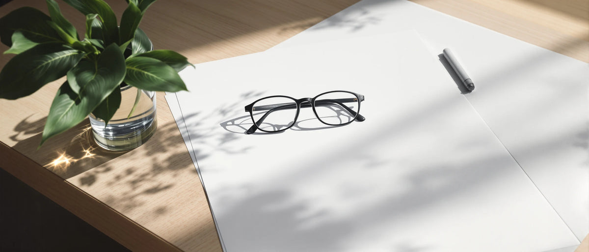 Brille auf weißem Papier neben einem Pflanzenblatt im Wasserglas – T8HC Wirkung