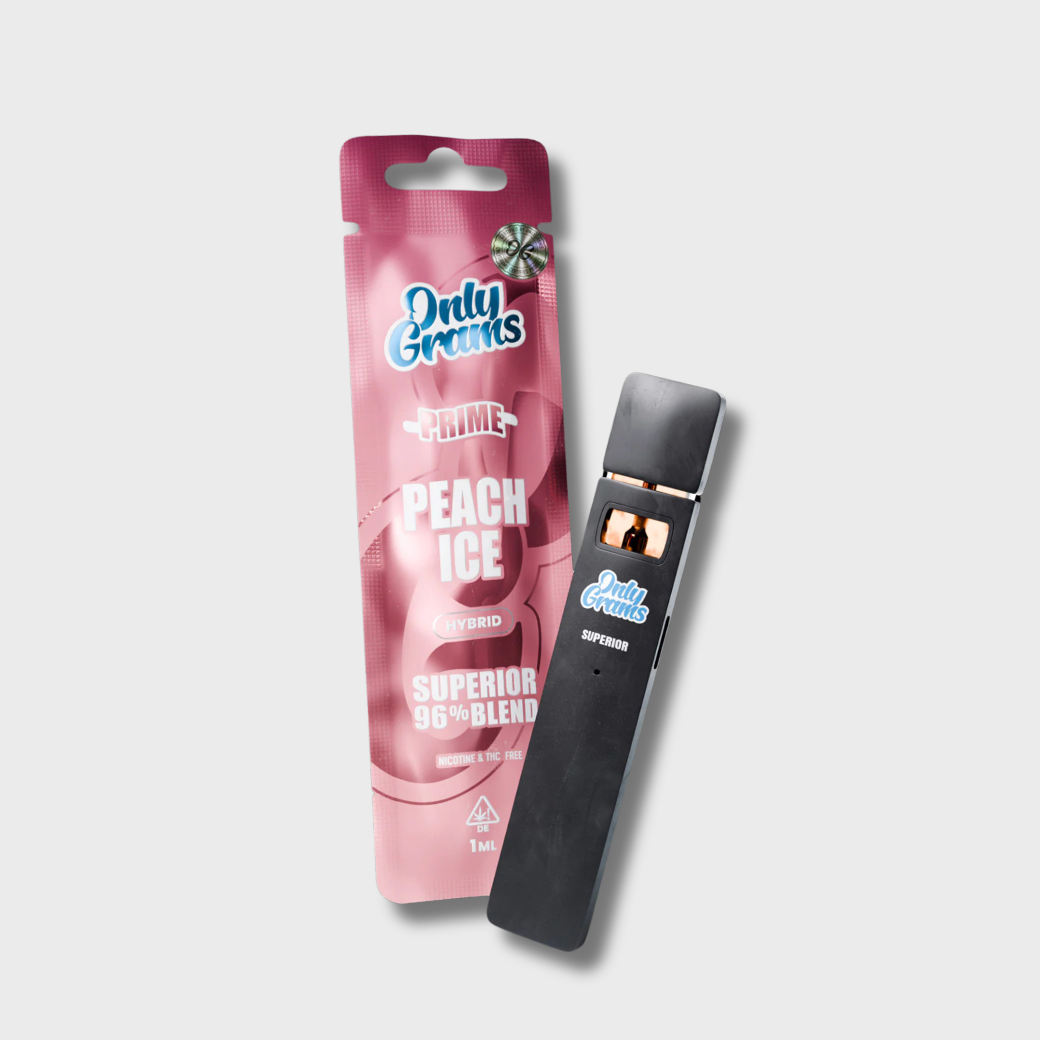 OnlyGrams Prime Peach Ice Blisterpackung in Rosa mit schwarzer Vape daneben