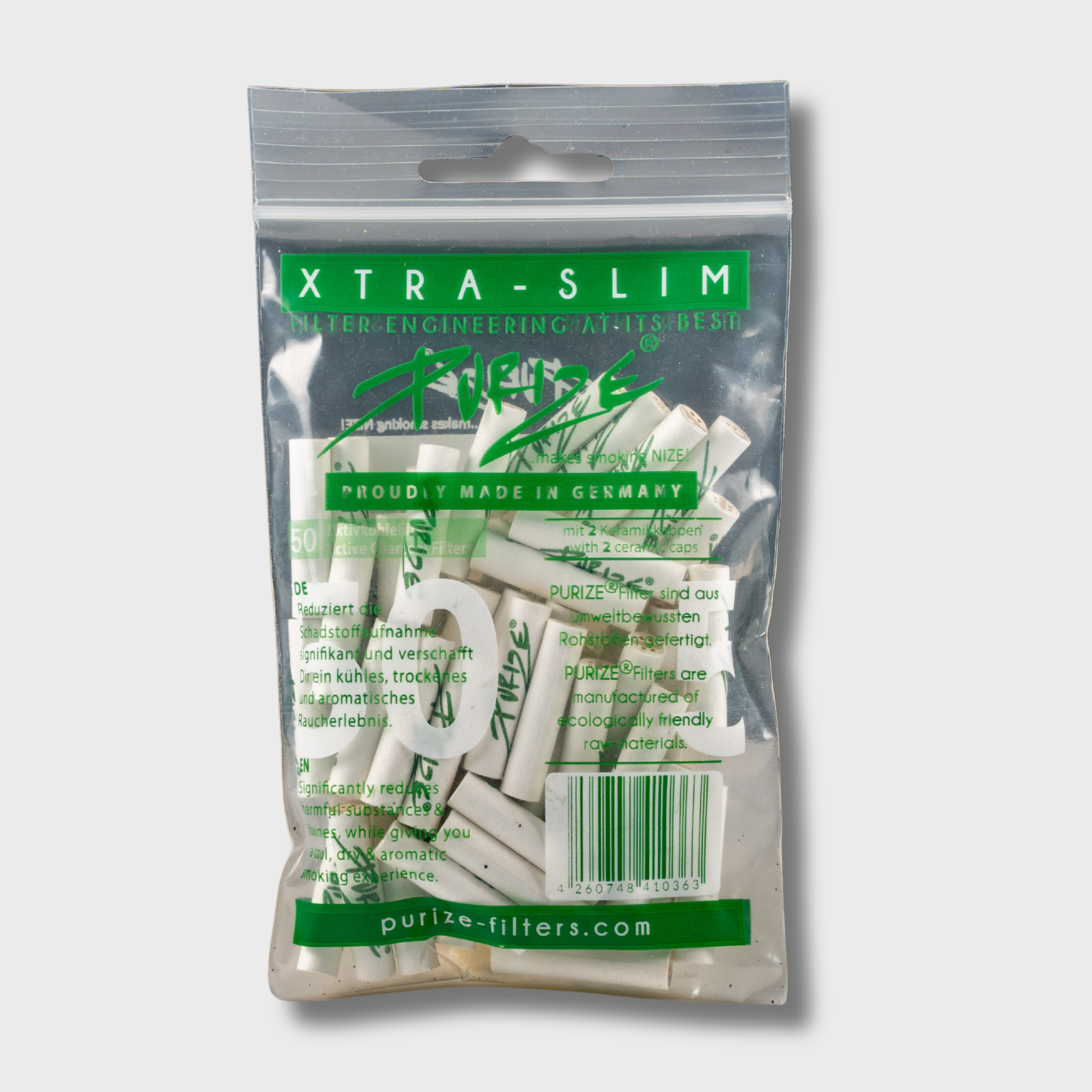 PURIZE Aktivkohlefilter Xtra Slim 50 Stück verschiedene Farben