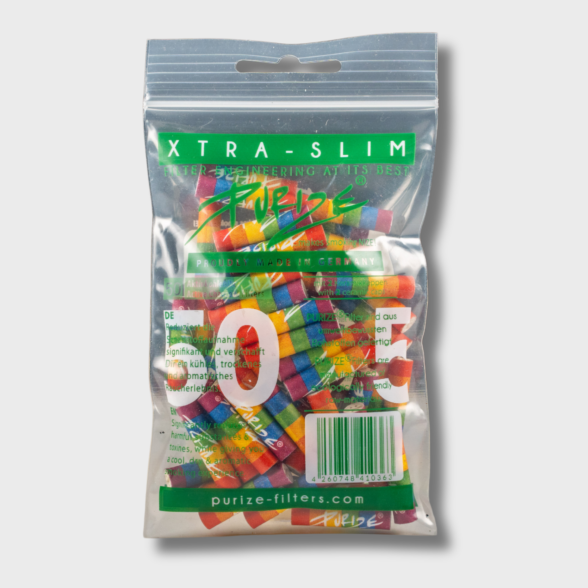 PURIZE Aktivkohlefilter Xtra Slim 50 Stück verschiedene Farben