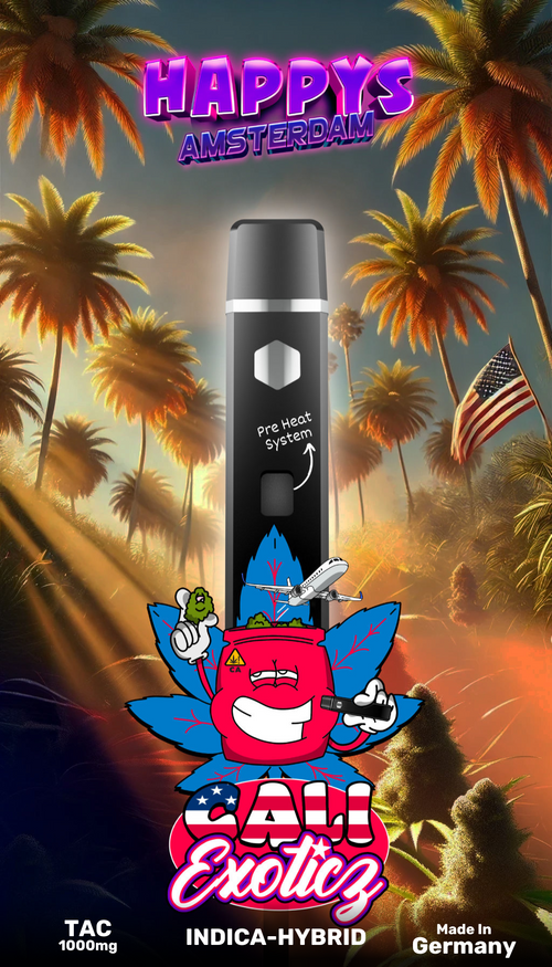 Happys Amsterdam TAC Vape Cali Exoticz, Illustration mit Palmen