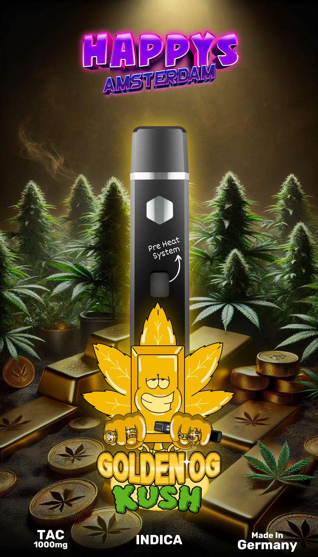 Happys Amsterdam Premium 1ml TAC Vape Golden OG Kush - Indica