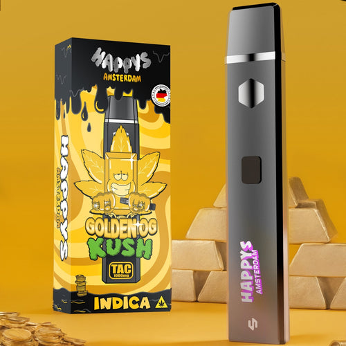 Happys Amsterdam TAC Vape Golden OG Kush mit Verpackung und Goldbarren