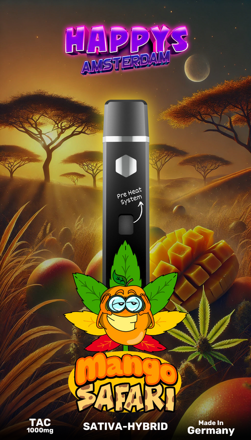 Happys Amsterdam TAC Vape Mango Safari, Illustration mit Savanne