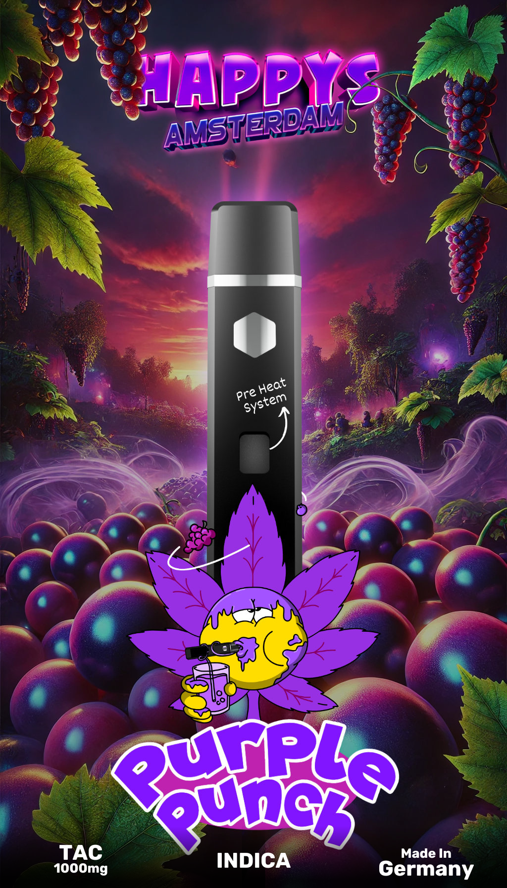 Happys Amsterdam Premium 1ml TAC Vape Purple Punch - Indica