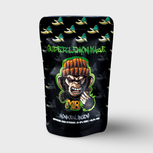MonkeyBuds Super Lemon Haze CBD Blüten im schwarzen Beutel mit Affen-Motiv