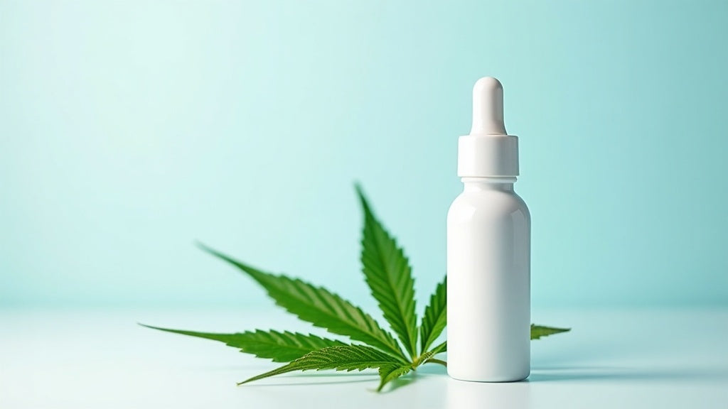 CBD Öl-Fläschchen und Vape Pen mit frischen Hanfblättern in hellem Studio mit royalblauen Akzenten