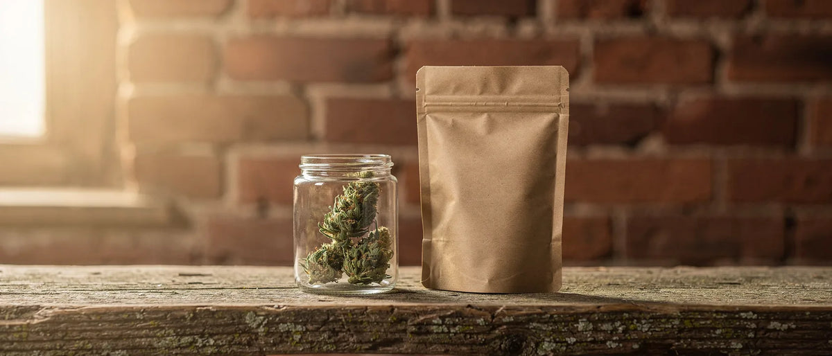 CBD-Blüten im Glas und Kraftpapier-Beutel auf Holzfensterbank vor Backsteinwand im Morgenlicht, Thema CBD kaufen in Hamburg