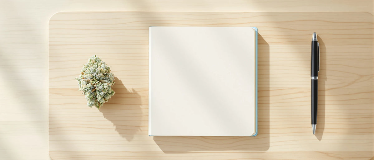 Hellgrüne Hanfblüte neben Notizbuch und Stift auf Birkenholz im Tageslicht, Symbolbild CBG Wirkung