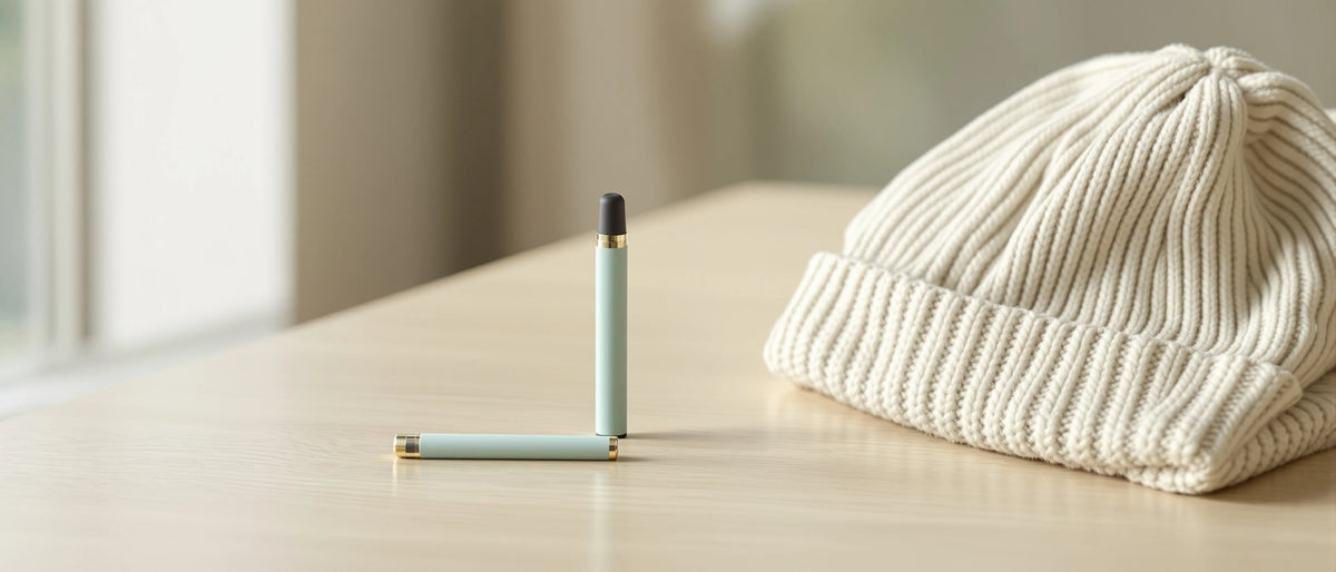 Zwei salbeigrüne Einweg-Vapes neben cremefarbener Strickmütze auf Holz im Tageslicht, Symbolbild CBG9 Erfahrungen