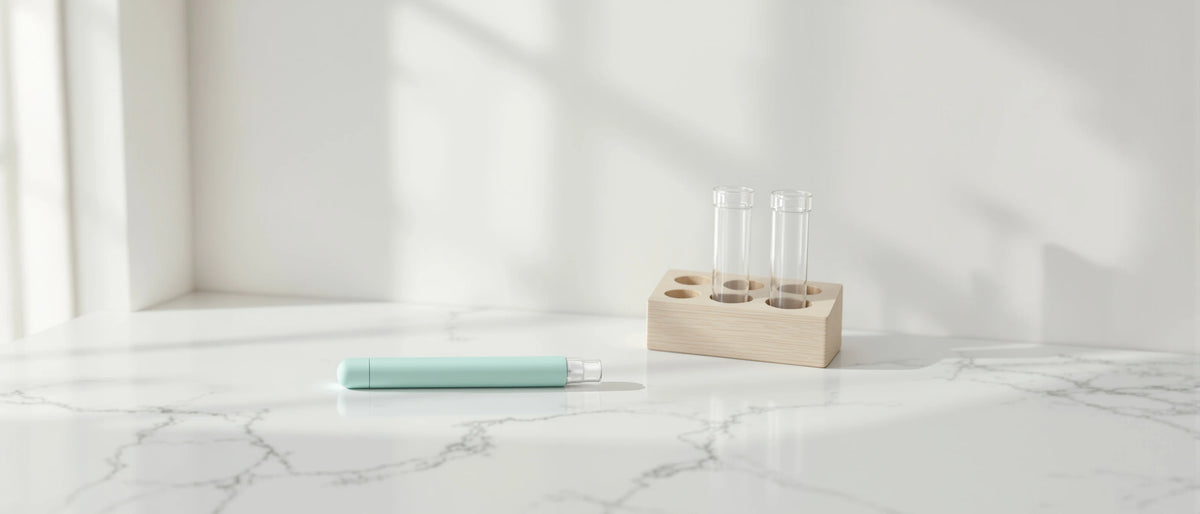 Mintgrüner Einweg-Vape neben leeren Reagenzgläsern im Holzständer auf weißem Marmor, Symbolbild CBG9 Legalität