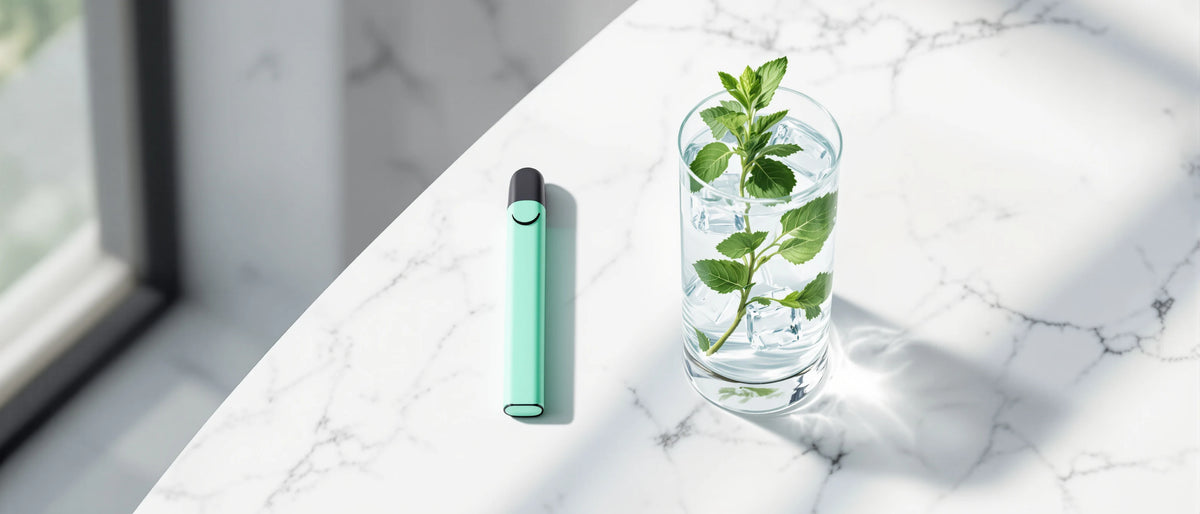 Mintgrüner Einweg-Vape neben Glas Eiswasser mit Minze auf weißem Marmor, Symbolbild CBG9 Wirkung