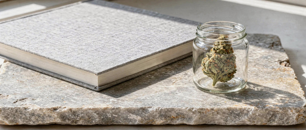 Geschlossenes Buch und Glas mit Hanfblüte auf hellem Naturstein, Symbolbild zur Delta-9 Legalität