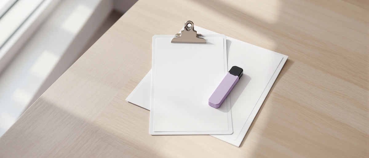 Lila Einweg-Vape auf Klemmbrett mit blankem Blatt auf hellem Holz im Tageslicht, Symbolbild H2 Superior Legalität