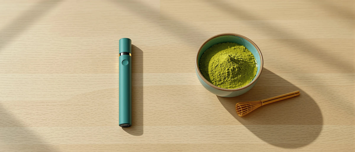 Petrolfarbener Einweg-Vape neben Matcha-Schale mit Bambusbesen auf hellem Holz, Symbolbild H3 Superior Wirkung