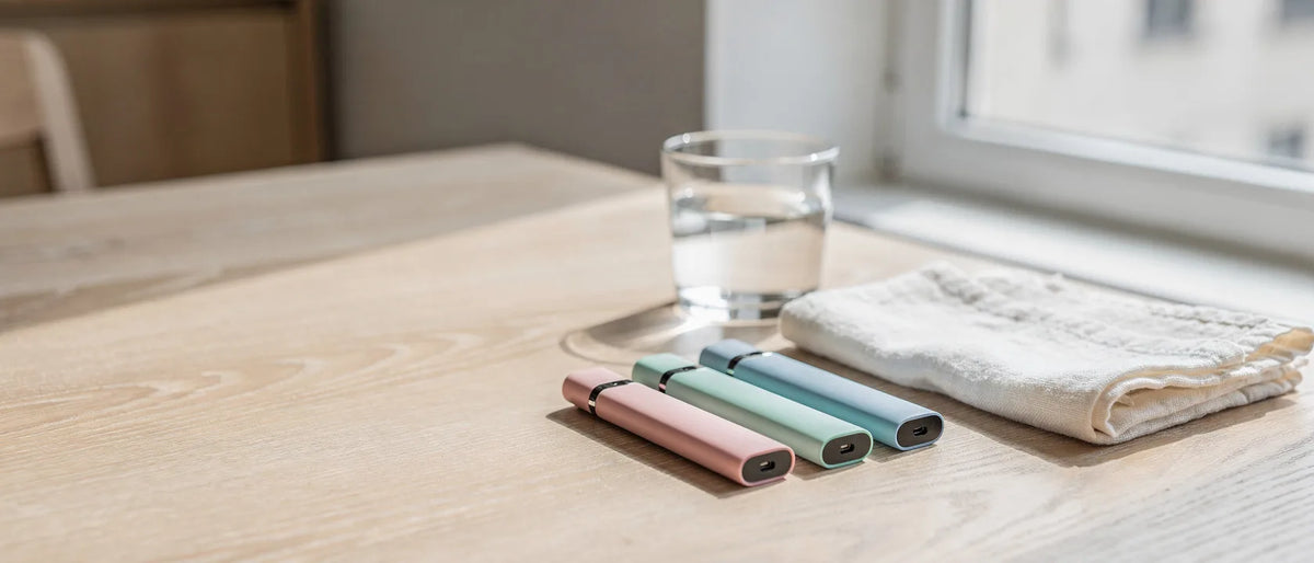Drei Einweg-Vapes in Pastellfarben auf hellem Holztisch im Tageslicht, Thema Happys Amsterdam Wirkung