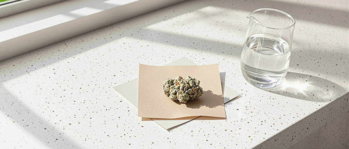 Hanfblüte auf Kraftpapier neben Glaskaraffe auf hellem Terrazzo im Tageslicht, Symbolbild HHC Wirkung