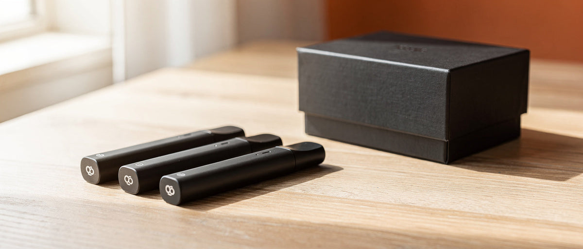 Drei schwarze Einweg-Vapes neben einer schwarzen Geschenkbox auf einem Holztisch im Tageslicht