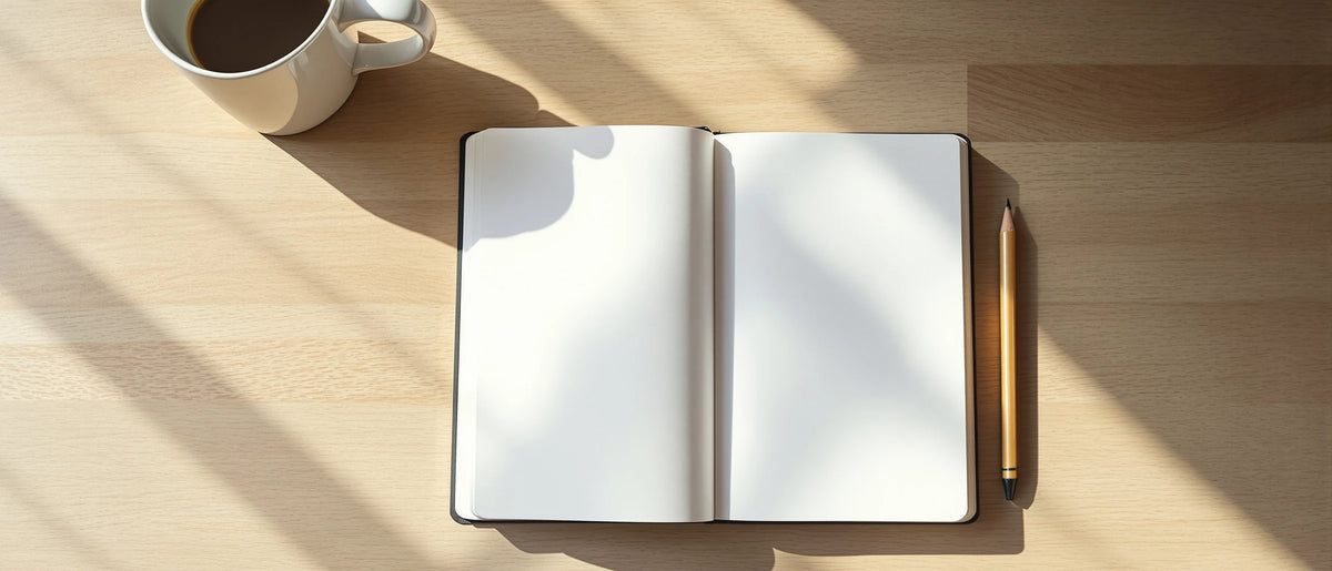 Aufgeschlagenes leeres Notizbuch mit Stift und Tasse auf hellem Tisch – T8HC Erfahrungen