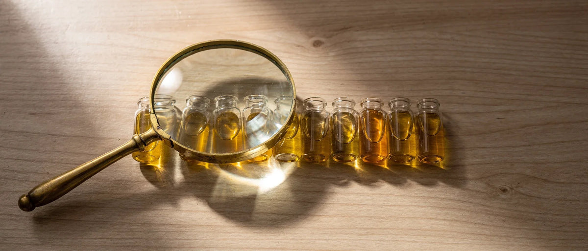 Lupe über einer Reihe kleiner Glasfläschchen mit goldenem Öl, Symbolbild zu THCX Erfahrungen