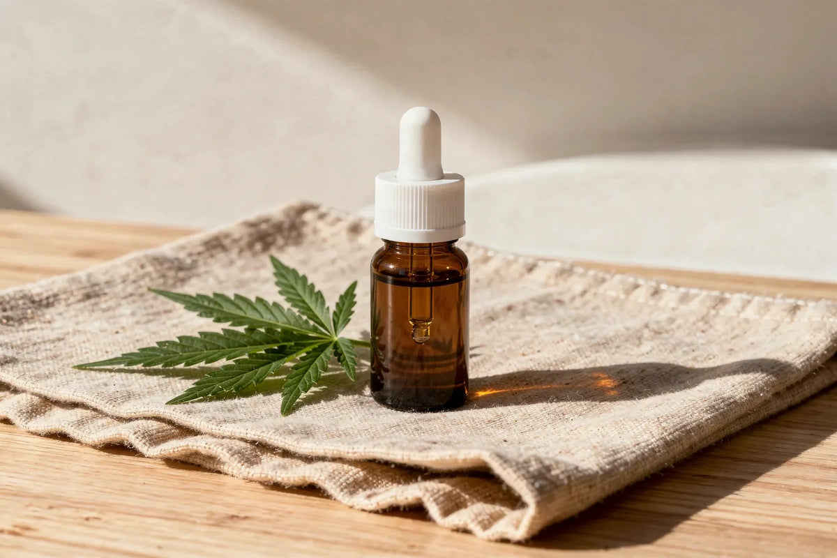 Braune Tropfflasche mit CBD Öl auf Leinentuch neben einem Hanfblatt