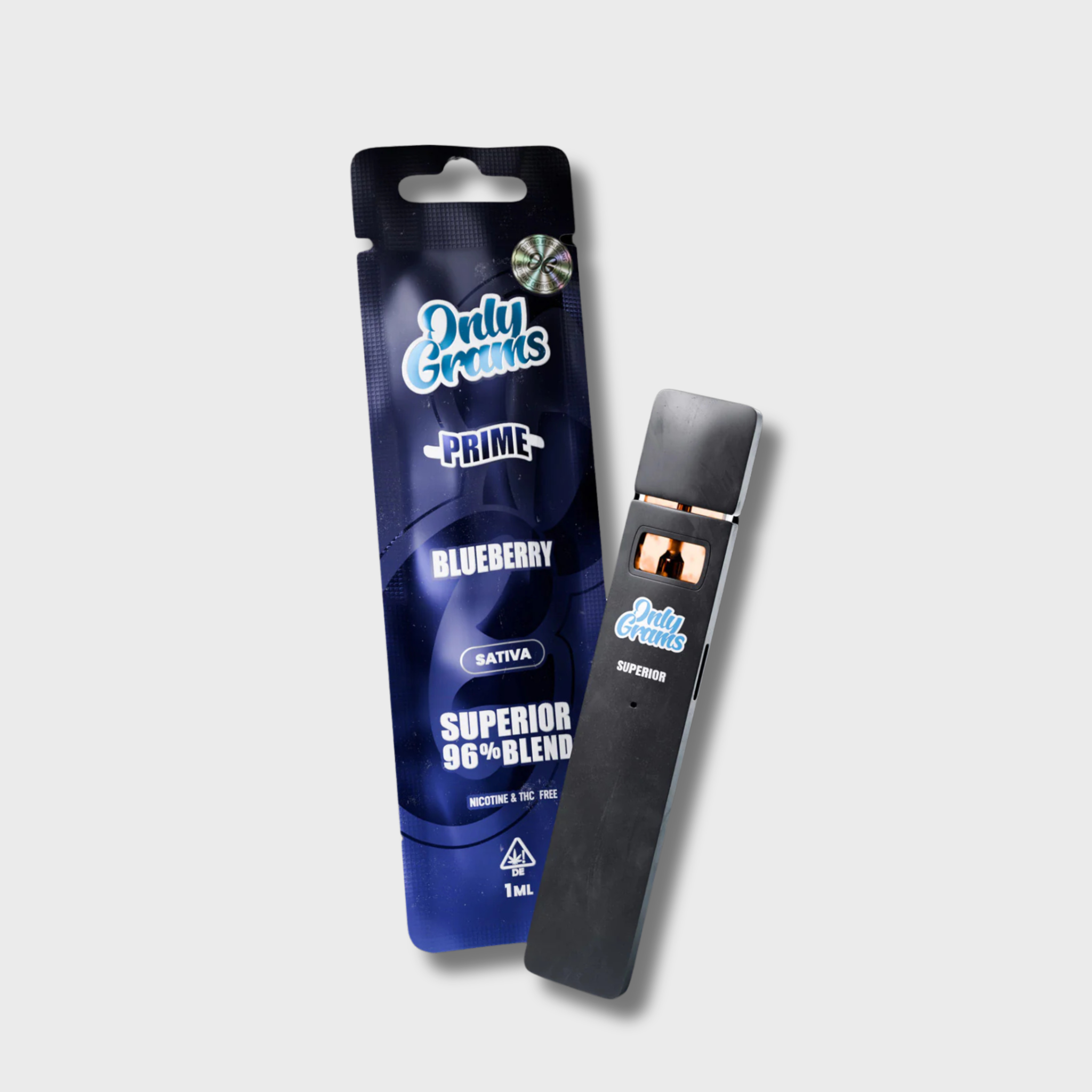 OnlyGrams Prime Blueberry Blisterpackung in Blau mit schwarzer Vape daneben
