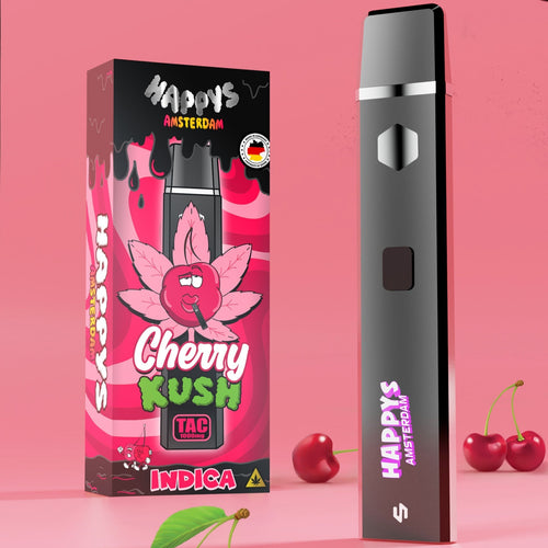 Happys Amsterdam TAC Vape Cherry Kush mit Verpackung und Kirschen