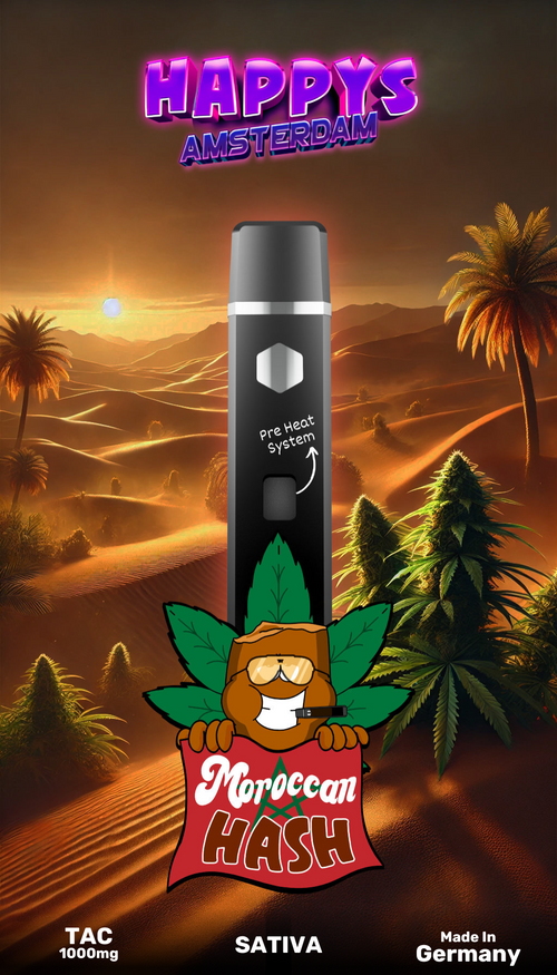 Happys Amsterdam TAC Vape Moroccan Hash, Illustration mit Wüste