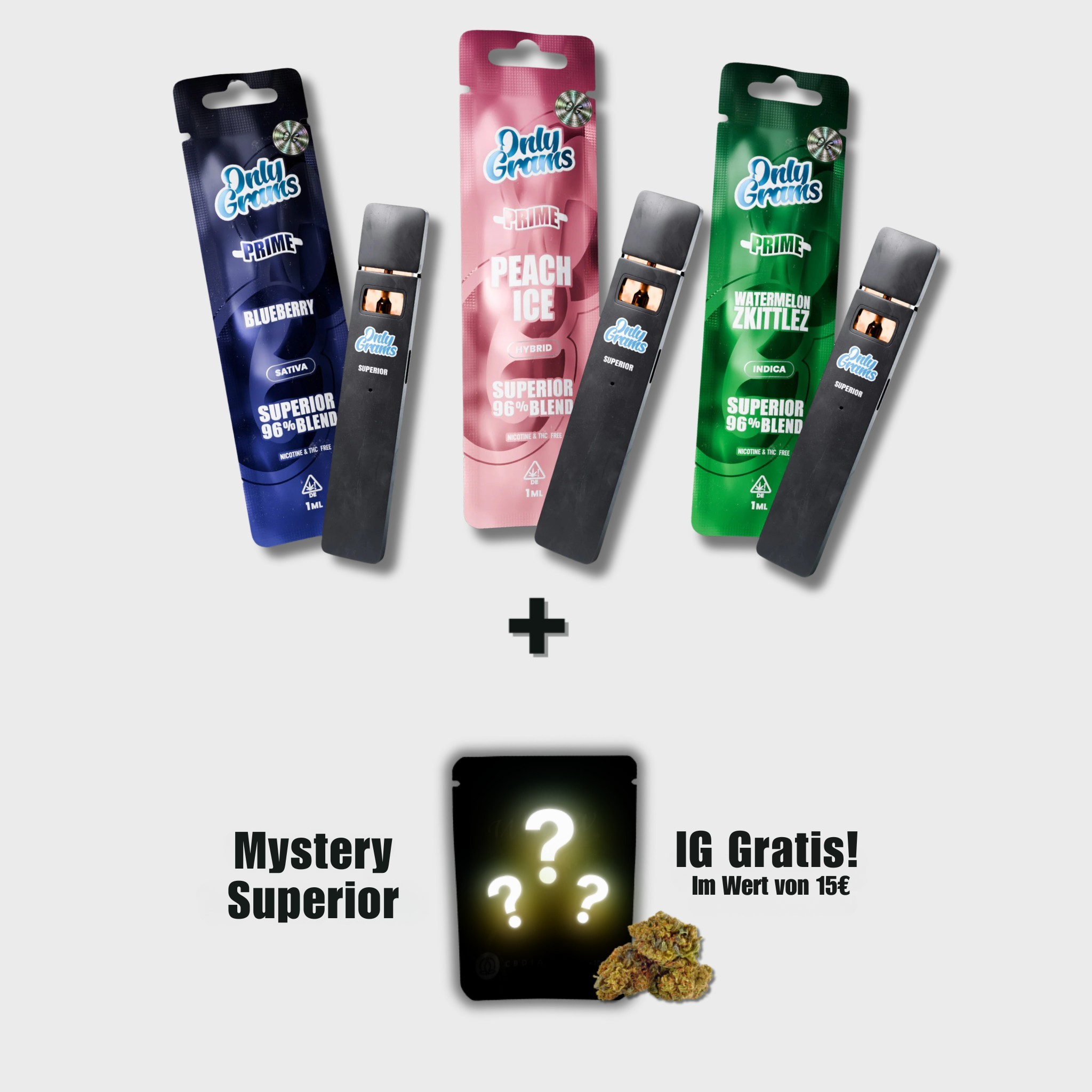 Drei OnlyGrams Superior Vapes in Blisterpackungen mit Mystery-Blüten Gratis-Hinweis