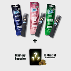 Drei OnlyGrams Superior Vapes in Blisterpackungen mit Mystery-Blüten Gratis-Hinweis