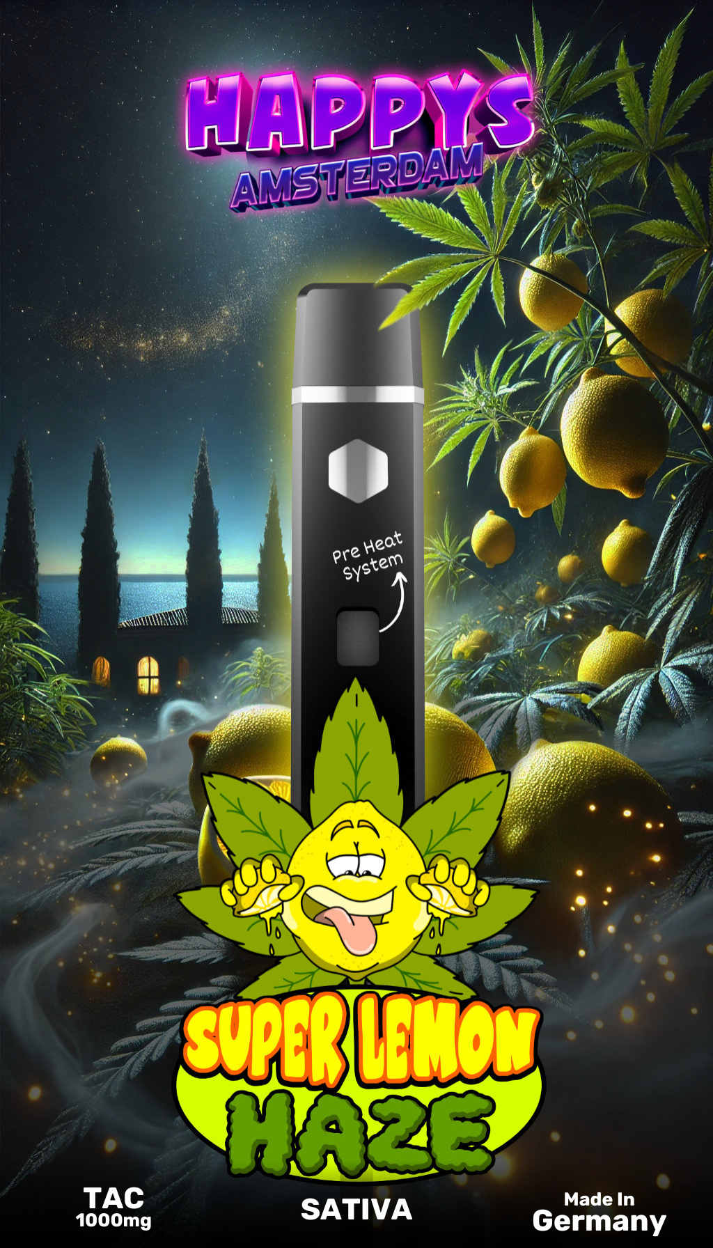 Happys Amsterdam Premium 1ml TAC Vape Super Lemon Haze - Sativa