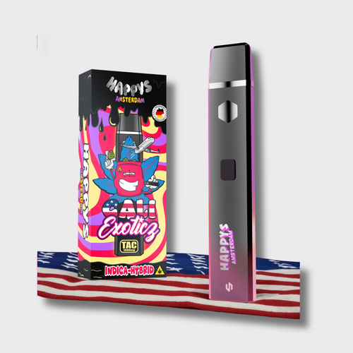 Happys Amsterdam TAC Vape Cali Exoticz mit Verpackung auf Flaggen-Motiv