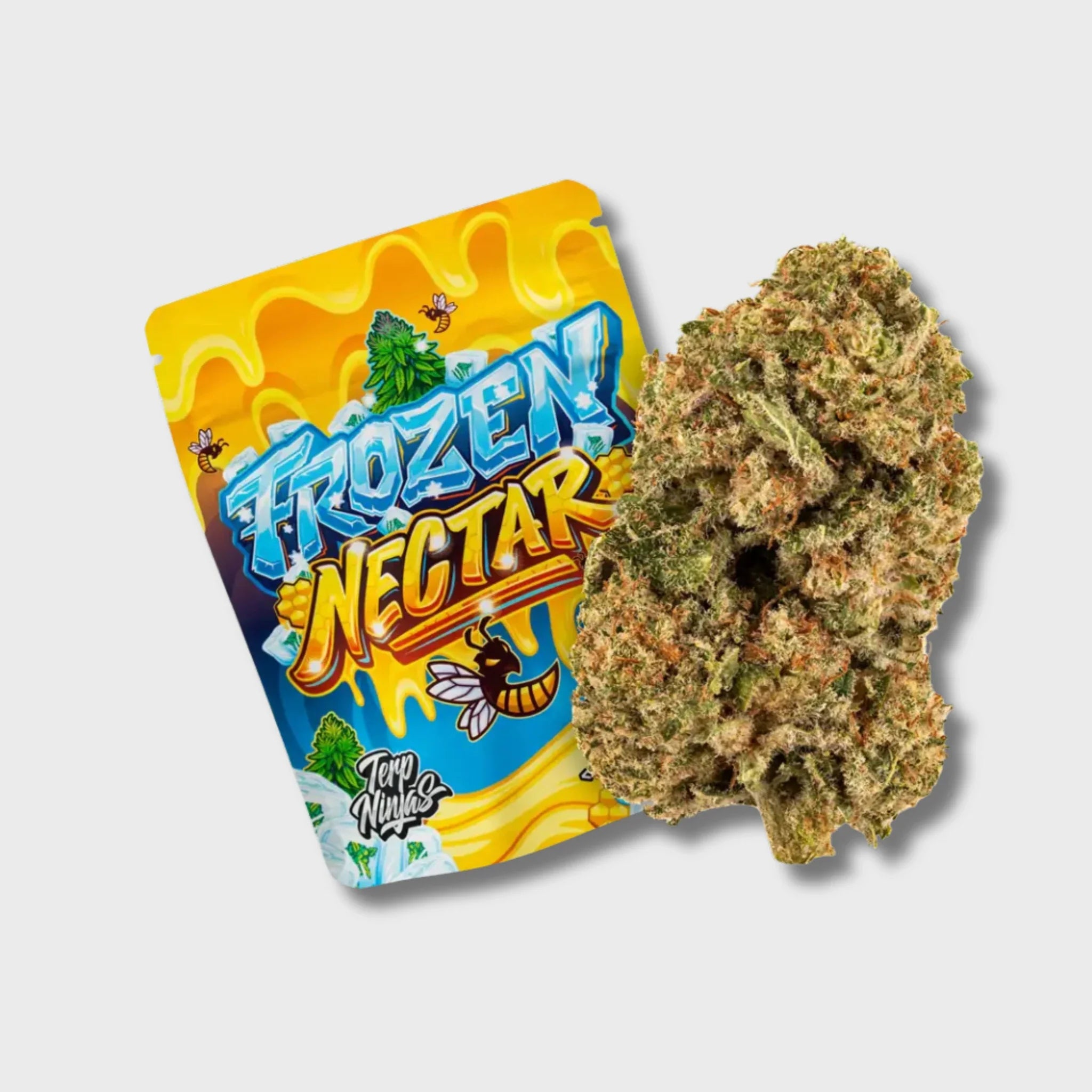 Terp Ninjas Beutel Frozen Nectar mit grüner CBD-Blüte daneben