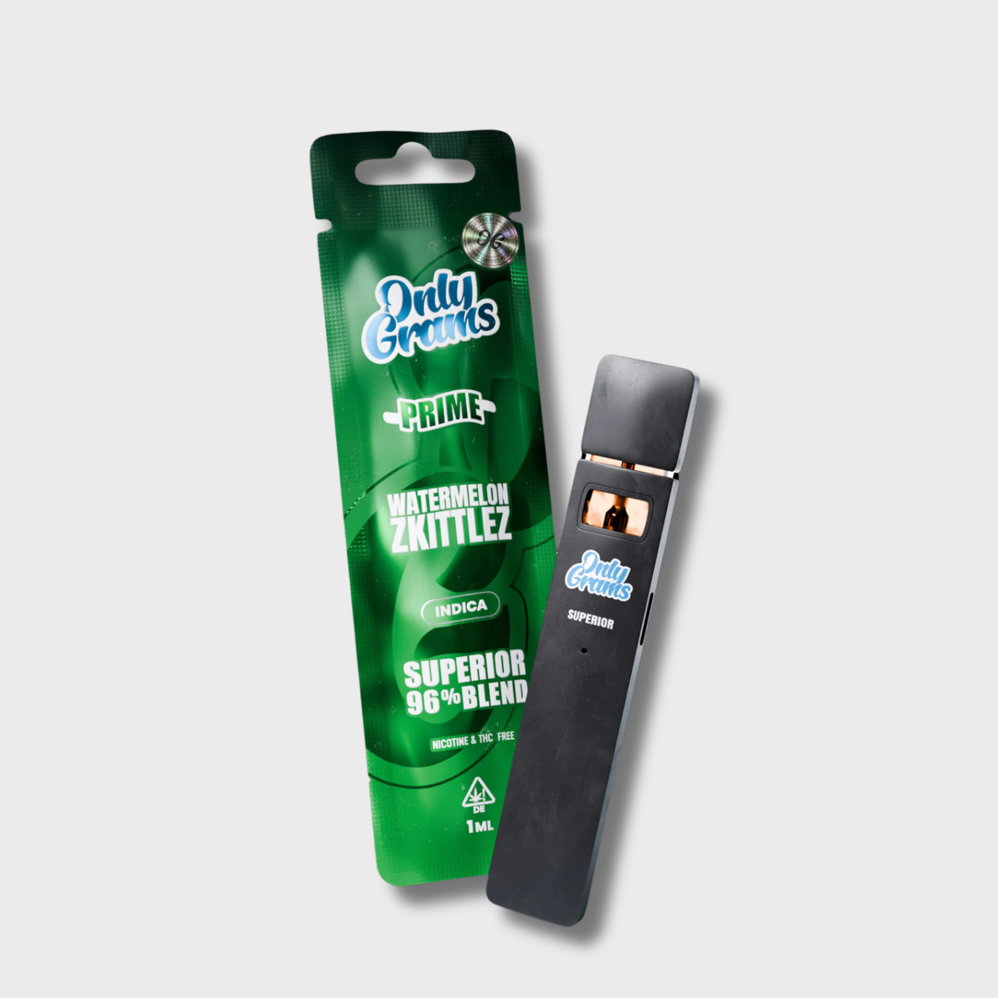 OnlyGrams Prime Watermelon Zkittlez Blisterpackung mit schwarzer Vape daneben